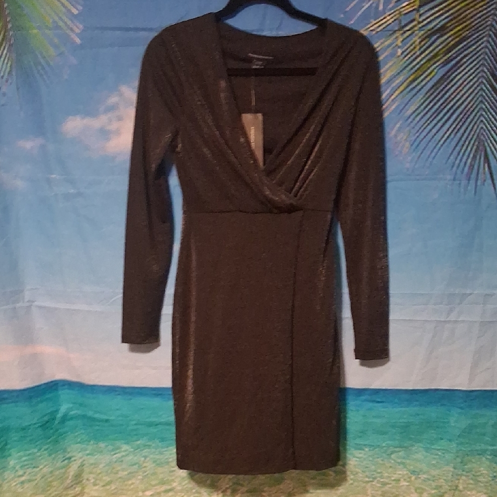 French Connection Black Metallic Long-Sleeve Wrap Dress